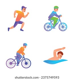 Triathlon icons set cartoon vector. Male athlete during competition. Sport, healthy lifestyle