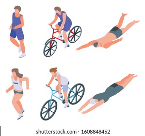 Triathlon icons set. Isometric set of triathlon vector icons for web design isolated on white background