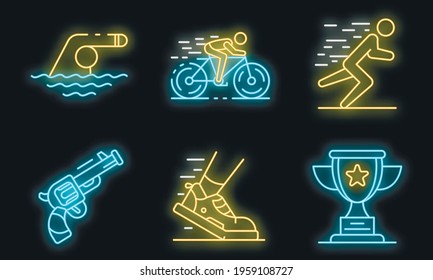 Triathlon icons set. Outline set of triathlon vector icons neon color on black