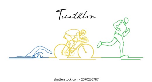 Triathlon. Linear hand drawn athletes. Competition in swimming, cycling and running. Vector illustration.