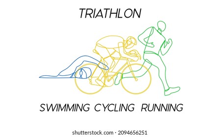 Triathlon. Linear hand drawn athletes. Competition in swimming, cycling and running. Vector illustration.