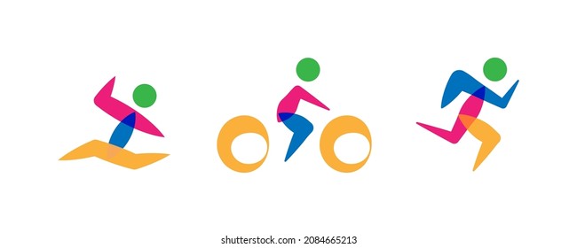 Triathlon logo design template. Swimming, running and bike logotype. Simple sport symbol set.