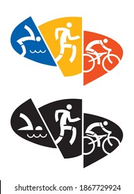 
Triathlon logo, emblem.
Illustration of colorful and black icon with triathlon athletes. Vector available.