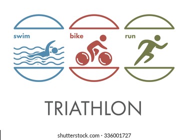 Triathlon logo and icon. Swimming, cycling, running symbols. Silhouettes of figures triathlete. Vector sport label and badge