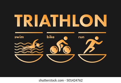 Triathlon logo and icon. Swimming, cycling, running symbols. Gold figures triathlete.