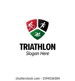 Triathlon logo iconic. Running cycling swimming. Branding for triathlon sports, clubs, championship, contest, accessories, equipment, etc. Shield emblem. Isolated logo inspiration. Graphic designs