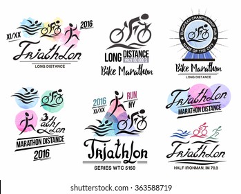 Triathlon logo. Sports logo with elements of calligraphy. Bike marathon logo. Bicycle badge. Runner icon. Sport poster triathlon. Emblem and sign of the triathlon.
Athletics logotype design element