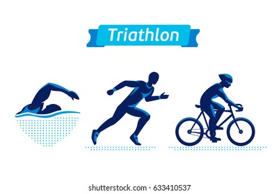 Набор логотипов триатлона или значков. Векторные фигуры триатлетов на белом фоне. Плавание, езда на велосипеде и бег человек. Плоские силуэты.