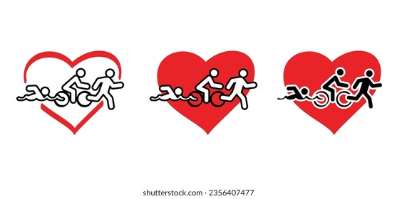 Triathlon  and love, heart. Triatlon route. Sports for swimming, cycling and running or run, bike and swim pictogram. Funny flat vector activity icon symbol. Triathlete, triathletes race. Competition.