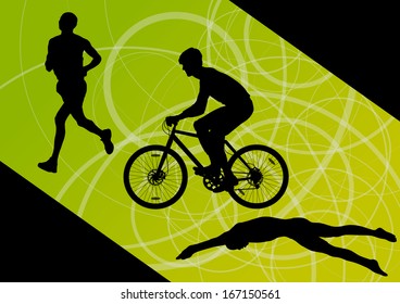 Triathlon marathon active young men swimming cycling and running sport silhouettes collection vector abstract background illustration