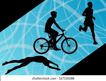 Triathlon marathon active young men swimming cycling and running sport silhouettes collection vector abstract background illustration