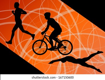 Triathlon marathon active young men swimming cycling and running sport silhouettes collection vector abstract background illustration