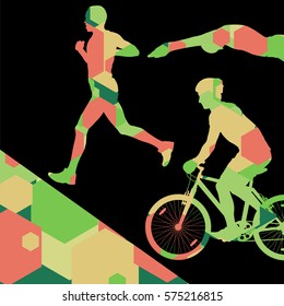 Triathlon marathon active young men swimming cycling and running sport silhouettes in abstract comb cell illustration background vector