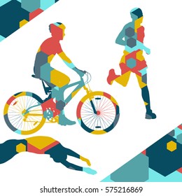 Triathlon marathon active young men swimming cycling and running sport silhouettes in abstract comb cell illustration background vector