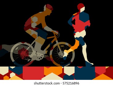 Triathlon marathon active young men swimming cycling and running sport silhouettes in abstract comb cell illustration background vector