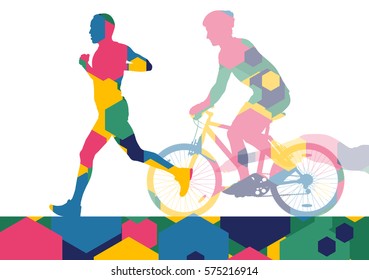 Triathlon marathon active young men swimming cycling and running sport silhouettes in abstract comb cell illustration background vector