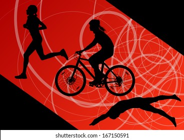 Triathlon marathon active young women swimming cycling and running sport silhouettes collection vector abstract background illustration