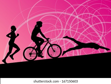 Triathlon marathon active young women swimming cycling and running sport silhouettes collection vector abstract background illustration