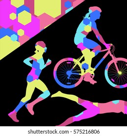 Triathlon marathon active young women swimming cycling and running sport silhouettes in abstract comb cell illustration background vector