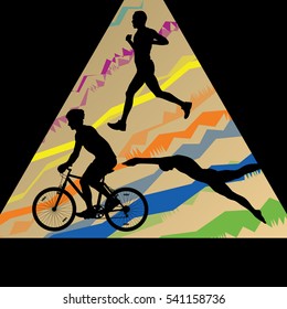 Triathlon marathon men swimming cycling and running sport silhouettes collection vector abstract background illustration
