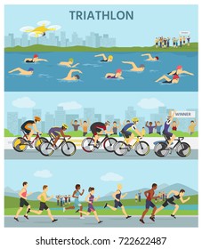 Triathlon marathon sport competition race infographic vector illustration sportsmen people on bike, run, swim vector illustration