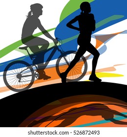 Triathlon marathon women swimming cycling and running sport silhouettes vector abstract background illustration