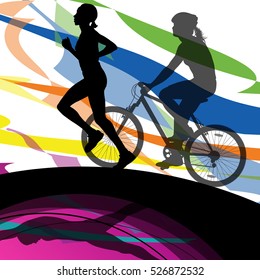 Triathlon marathon women swimming cycling and running sport silhouettes vector abstract background illustration