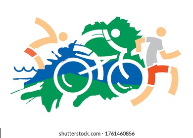 Triathlon race, competitors.
Expressive dynamic drawing Three triathlon athletes on the grunge background. Vector available.