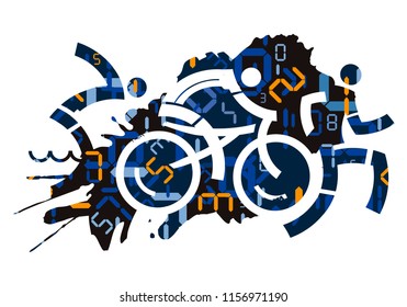 Triathlon race with digital numbers background.
Stylized icons of Three triathlon athletes with digital numbers symbolizing time measurement. Vector available.