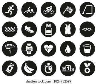 Triathlon Race & Equipment Icons White On Black Flat Design Circle Set Big