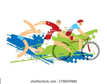 
Triathlon Race, fitness outdoor activities. 
Expressive dynamic drawing Three triathlon athletes on the grunge background. Vector available.