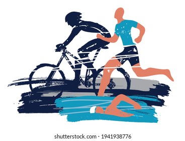 Triathlon race,  grunge stylized. 
Three triathlon athletes on the background of expressive brush strokes. Vector available.