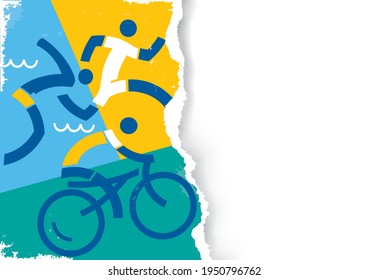 

Triathlon race icons on grunge stylized torn paper background. 
Illustration of Three triathlon athletes.Banner template.Place for your text or image. Vector availabl