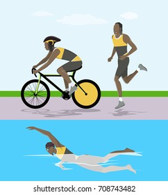 Triathlon race illustration. Man swims and rides and runs.