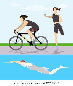 Triathlon race illustration. Woman swims and rides and runs.