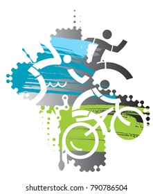 Triathlon race Iron Man.
Three triathlon athletes on the grunge background. Vector available.