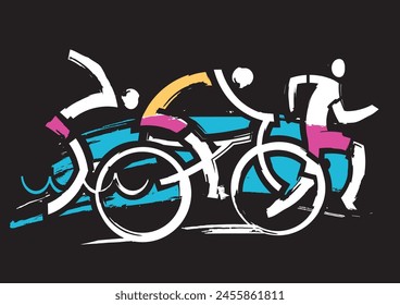 

Triathlon race,  runner, swimmer, cyclist,  expressive stylized. 
Three triathlon athletes on the black background. Vector available.	