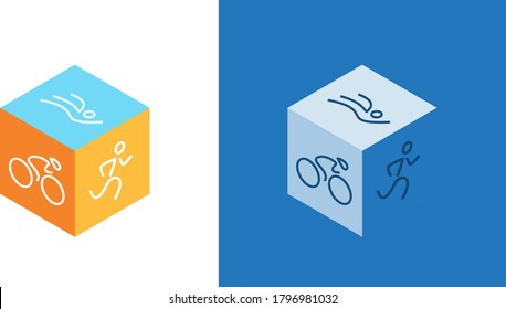 Triathlon race symbol as figure silhouettes on isometric cube - swimming, riding, running. Triathlon competition line symbol or icon. Three kind of sport - swim, bicycle, run. Vector illustration