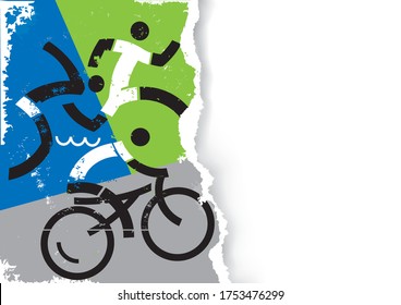 
Triathlon racers icons on grunge stylized torn paper background. 
Illustration of Three triathlon athletes. Vector available. Place for your text or image. Vector available.