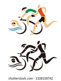 Triathlon Racers, Runner, ciclista, icono de nadador.
Dos ilustraciones estilizadas de tres atletas triatlones. Aislado sobre fondo blanco. Vector disponible.