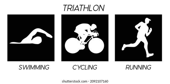 Triathlon. Silhouettes of athletes. Competition in swimming, cycling and running. Vector flat illustration