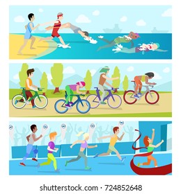 Triathlon sport competition race infographic for marathon vector illustration sportsmen people