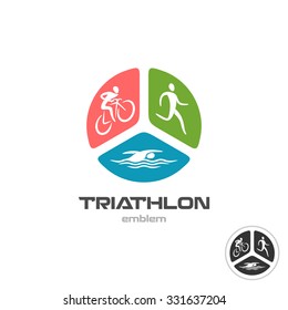 Triathlon sport logo. Cyclist, running and swimming man silhouettes.