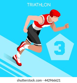 Triathlon Sportsman Games Icon Set. 3D Isometric Athlete Running Triathlete. Modern Triathlon Running Swimming Road Cycling Sporting Competition. Sport Infographic Triathlon events Vector People