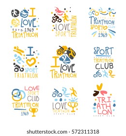 Triathlon Supporters And Fans Club For People That Love Sport Set Of Colorful Promo Sign Design Templates