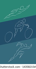 Triathlon. swim bike run. man training for ironman. Professional cyclist, runner, swimmer. Three pictures composite of fitness athlete running, biking, and swimming. 