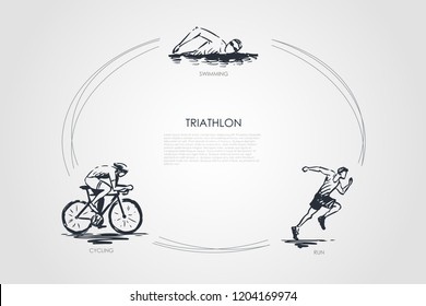 Triathlon - swimming, cycling, run vector concept set. Hand drawn sketch isolated illustration