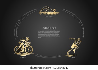 Triathlon - swimming, cycling, run vector concept set. Hand drawn sketch isolated illustration