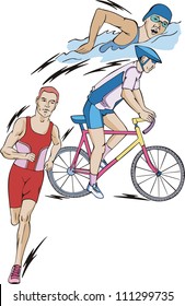 Triathlon: swimming, cycling, and running. Set of color vector illustrations.