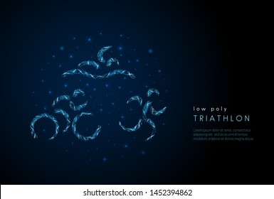 Triathlon symbol - running, swimming, cycling men.  Low poly style design. Abstract geometric background. Wireframe light connection structure. Modern 3d graphic concept. Isolated vector illustration.